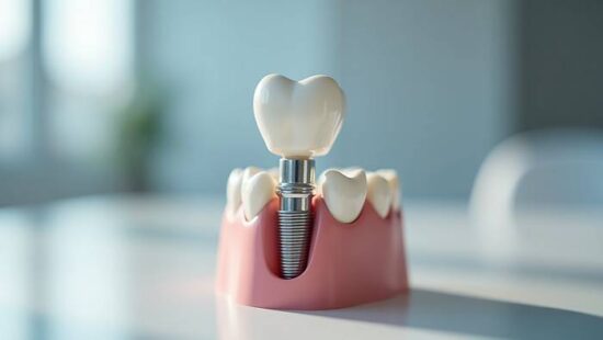A person wearing a blue glove holds a dental implant.
