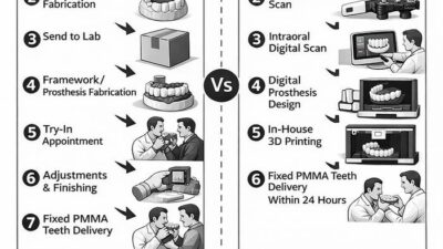 A side-by-side comparison of traditional versus digital dental prosthesis workflows, illustrating steps for each process with labeled diagrams from scans to teeth delivery.