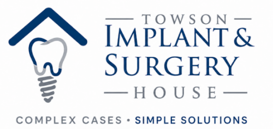 Towson Implant & Surgery House logo with dental implant icon stating complex cases and simple solutions.